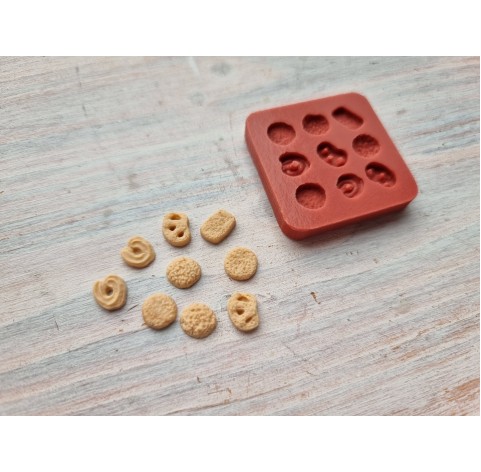 Silicone mold, Mini cookie set, style 11, 9 elements, ~ 0.5-0.8 cm, H:0.2 cm