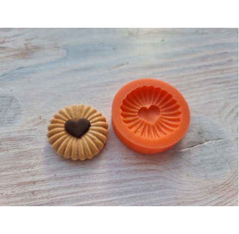 Silicone mold, Cookie, style 14, with heart, ~ Ø 2.6 cm, H:0.7 cm