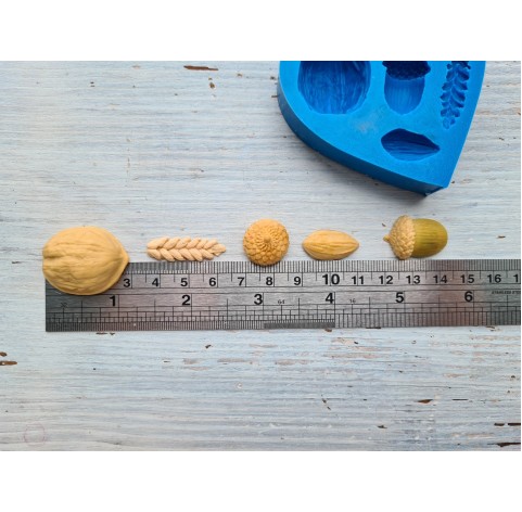 Silicone mold, Gifts of nature set, 5 pcs., ~ 2-3*1-3 cm (Acorn, spike piece, walnut and pistachio shell)