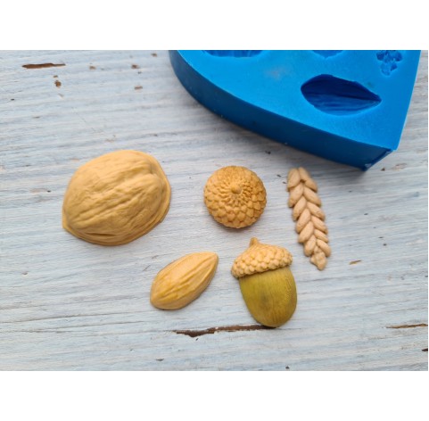Silicone mold, Gifts of nature set, 5 pcs., ~ 2-3*1-3 cm (Acorn, spike piece, walnut and pistachio shell)