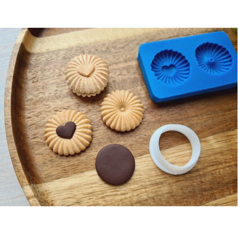 Silicone mold, Cookie, style 16, 2 elements, ~ Ø 2.7 cm, H:0.6 cm + cutter Ø 2.2 cm