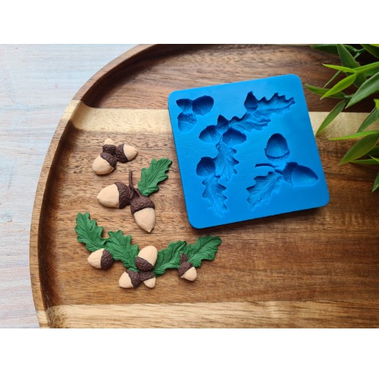 Silicone mold, Acorns with leaves, 3 elements, ~ 2.4-7.1*1.5-3.6 cm, H:0.6 cm