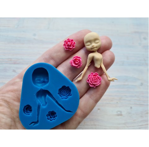 Silicone mold, Doll and flowers, ~ 3.3*3.9 cm, 1-1.3 cm, H:0.8 cm
