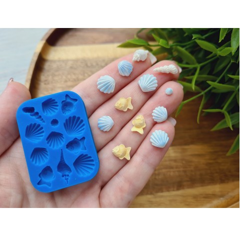 Silicone mold, Mini sea life set, style 5, 12 elements, ~ 0.3-1.4 cm, H:0.2-0.4 cm