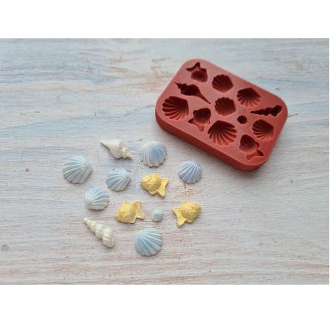 Silicone mold, Mini sea life set, style 5, 12 elements, ~ 0.3-1.4 cm, H:0.2-0.4 cm