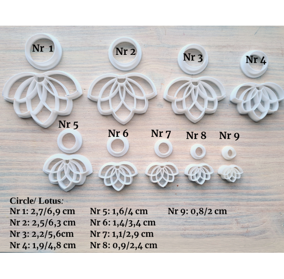 "Earring, style 8, lotus, 2 parts", set of 9 cutters, one clay cutter or FULL set