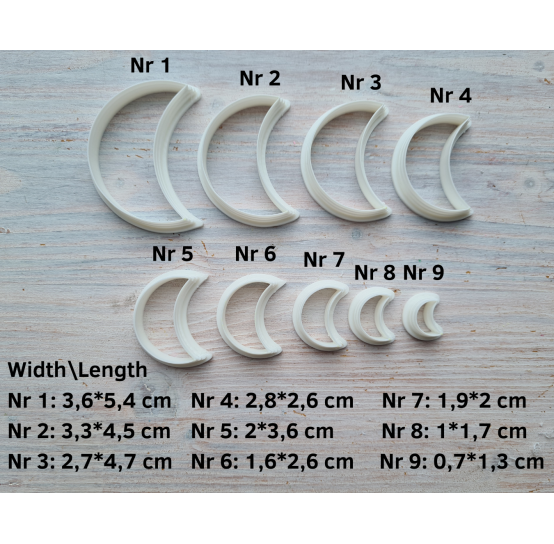 "Crescent moon, style 2", set of 9 cutters, one clay cutter or FULL set