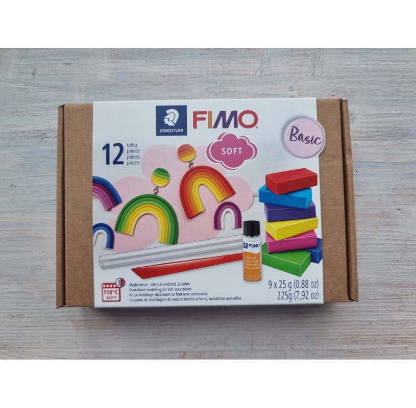 FIMO Soft oven-bake polymer clay, starter kit of 9 colours with varnish and  tool, 250
