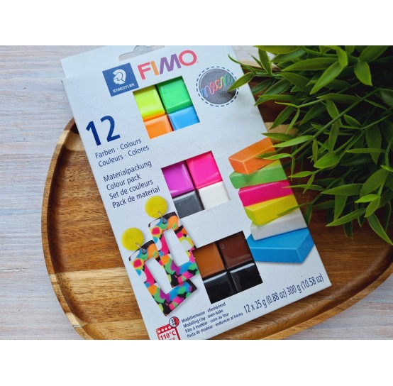 FIMO Neon, pack of 12 colors, 300g (10.58oz), oven-hardening polymer clay, STAEDTLER