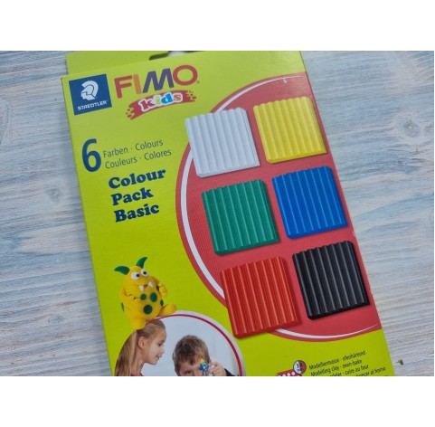 FIMO Kids oven-bake polymer clay, pack of 6 basic colours, 252 gr