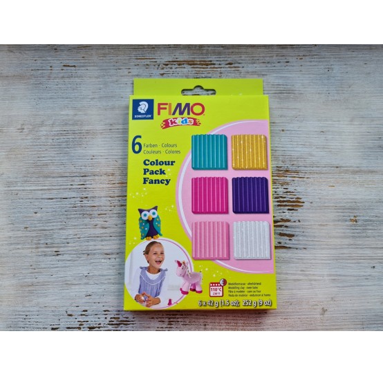 FIMO Kids, pack of 6 fancy colors, 252g (9oz), oven-hardening polymer clay, STAEDTLER