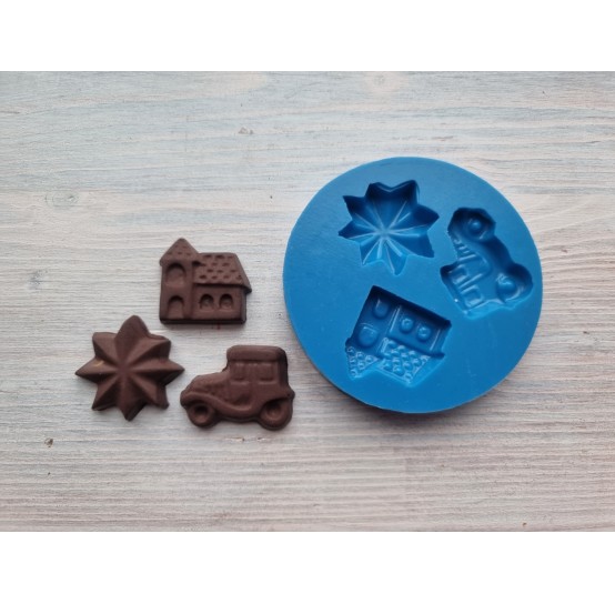 Silicone mold, Christmas chocolate set 11, 3 pcs., ~ 2.5-3.2 cm (house,  star, car)