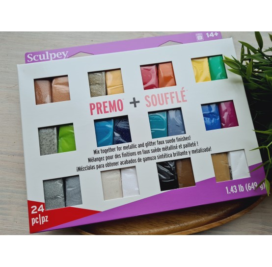 Sculpey Premo and Souffle, pack of 24 colors, 649g (1.43lb), oven-hardening polymer clay 