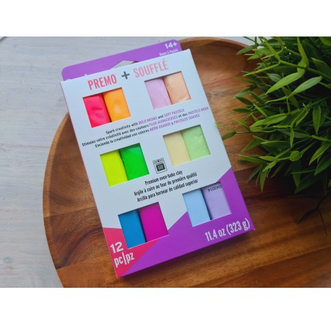 Sculpey Premo neon and Souffle pastel multipack, pack of 12 colors, 323g (11.4oz), oven-hardening polymer clay
