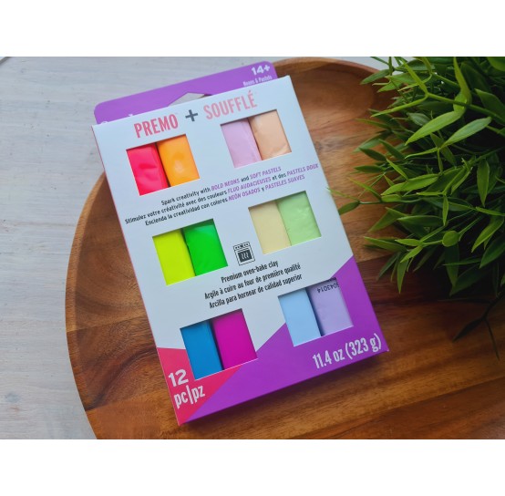 Sculpey Premo neon and Souffle pastel multipack, pack of 12 colors, 323g (11.4oz), oven-hardening polymer clay