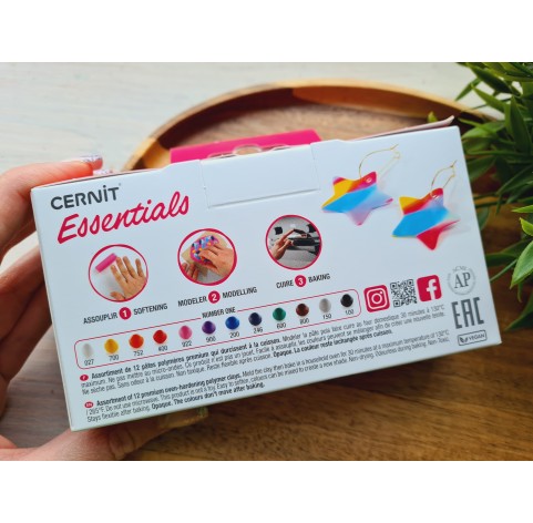 Cernit Essentials basic kit, pack of 12 colors, 300g (10.58oz), oven-hardening polymer clay