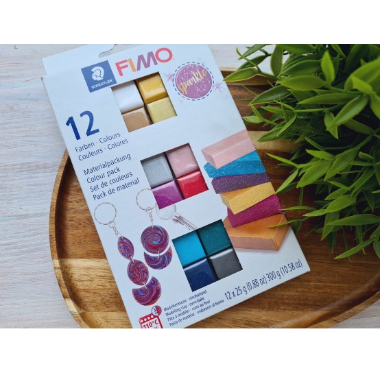 FIMO Sparkle, pack of 12 colors, 300g (10.58oz), oven-hardening polymer clay, STAEDTLER