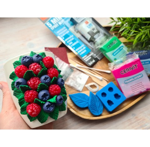 Creative set to decorate mug with polymer clay berries and leaves decor with a free video master class