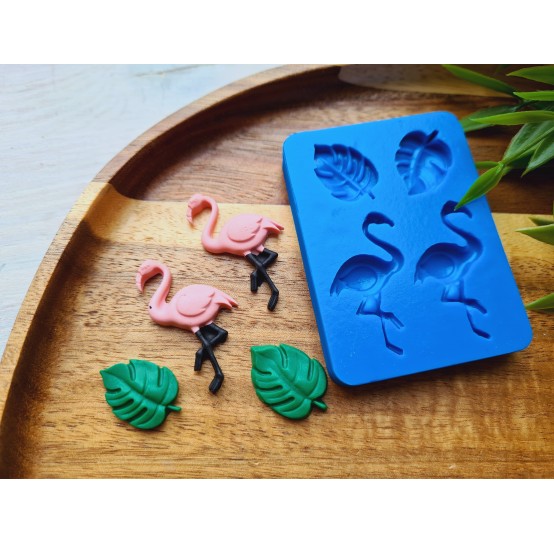Silicone mold, Flamingo and leaves, 4 elements, ~ 1.4*2.1 cm, 2*3.6 cm, H:0.3-0.5 cm