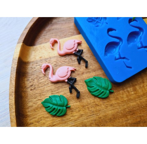 Silicone mold, Flamingo and leaves, 4 elements, ~ 1.4*2.1 cm, 2*3.6 cm, H:0.3-0.5 cm