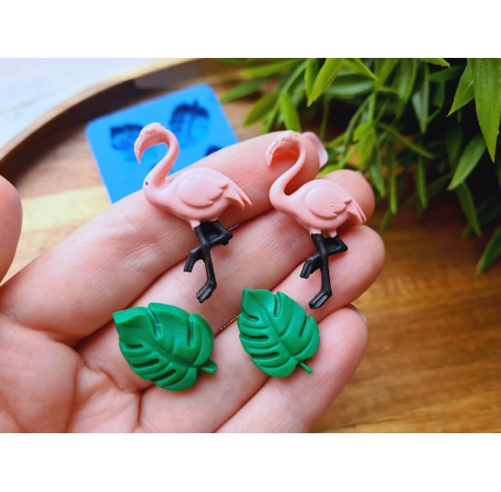 Silicone mold, Flamingo and leaves, 4 elements, ~ 1.4*2.1 cm, 2*3.6 cm, H:0.3-0.5 cm