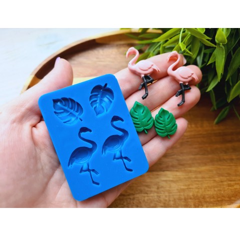 Silicone mold, Flamingo and leaves, 4 elements, ~ 1.4*2.1 cm, 2*3.6 cm, H:0.3-0.5 cm