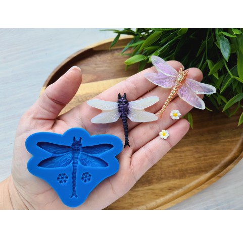 Silicone mold, Dragonfly and 2 flowers, ~ 5.7*4.4 cm, Ø 1.3 cm, H:0.2-0.7 cm