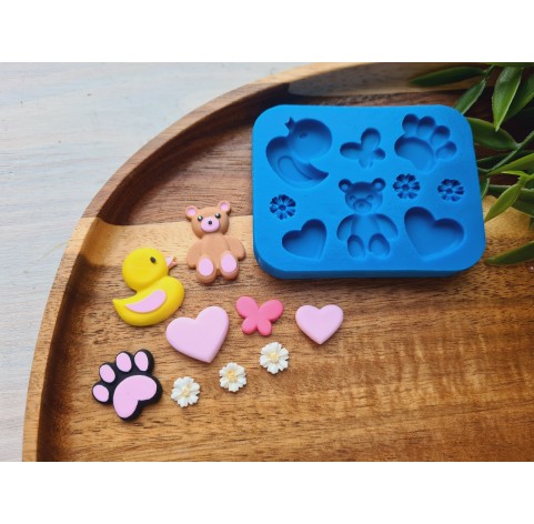 Silicone mold, Animals set, style 2, 9 elements, ~ 0.7-2.4 cm, H:0.2-0.4 cm