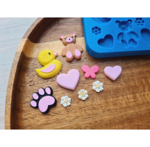 Silicone mold, Animals set, style 2, 9 elements, ~ 0.7-2.4 cm, H:0.2-0.4 cm