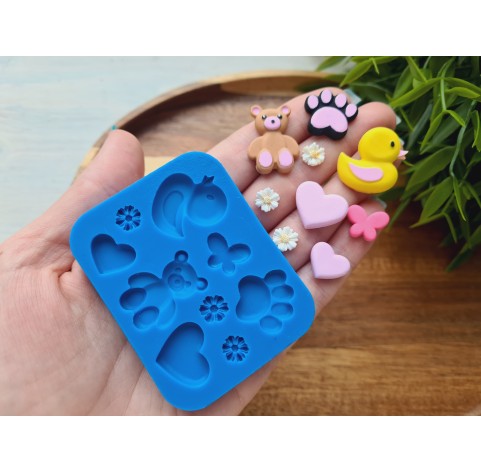 Silicone mold, Animals set, style 2, 9 elements, ~ 0.7-2.4 cm, H:0.2-0.4 cm