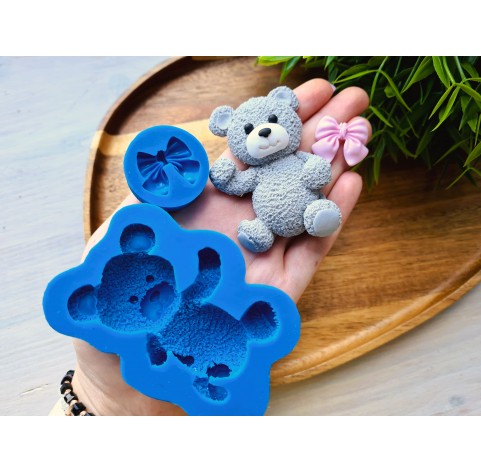 Silicone mold, Bear and bow, style 9, ~ 5*7.1 cm, H:1.9 cm, 2.2*2.5 cm, H:0.6 cm