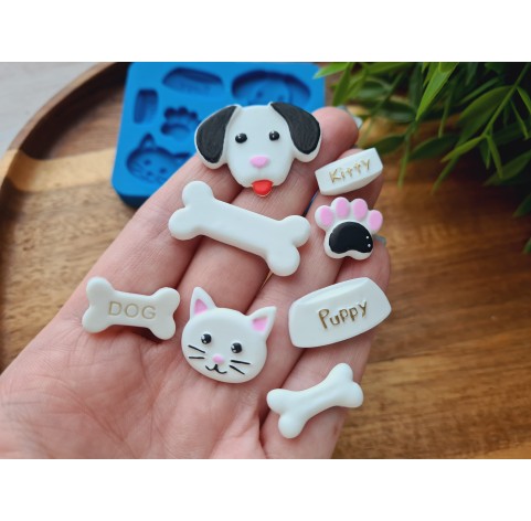 Silicone mold, Animals set, style 4, 8 elements, ~ 0.8*3 cm, H:0.3-0.4 cm