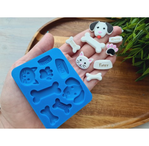 Silicone mold, Animals set, style 4, 8 elements, ~ 0.8*3 cm, H:0.3-0.4 cm