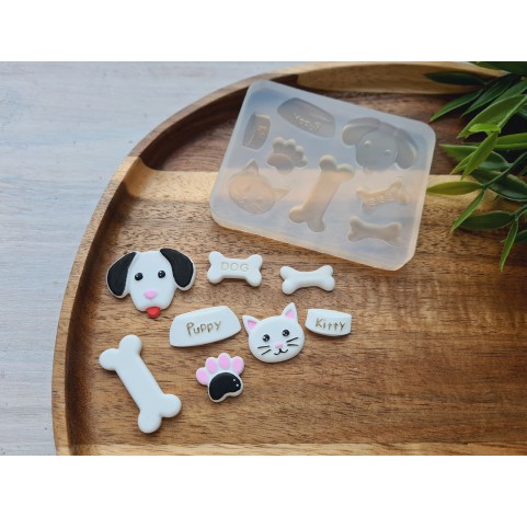 Silicone mold, Animals set, style 4, 8 elements, ~ 0.8*3 cm, H:0.3-0.4 cm