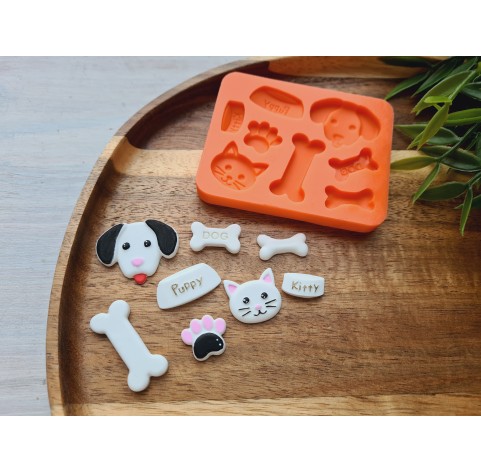 Silicone mold, Animals set, style 4, 8 elements, ~ 0.8*3 cm, H:0.3-0.4 cm