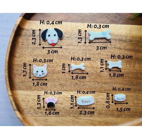Silicone mold, Animals set, style 4, 8 elements, ~ 0.8*3 cm, H:0.3-0.4 cm