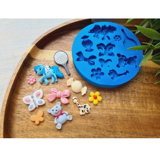 Silicone mold, Animals set, style 5, 10 elements, ~ 0.8-3 cm, H:0.2-0.6 cm