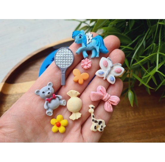 Silicone mold, Animals set, style 5, 10 elements, ~ 0.8-3 cm, H:0.2-0.6 cm