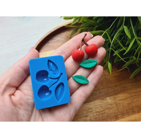 Silicone mold, Cherry, style 4, with leaves, ~ Ø 2.7*2.8 cm, 0.9*1.9 cm, H:0.2-0.8 cm