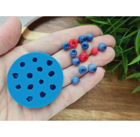 Silicone mold, Berries mix, style 2, raspberry, blueberry, mini, 13 elements, ~ Ø 0.5-0.7 cm, H:0.5-0.8 cm