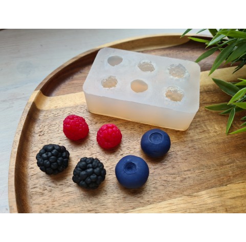 Silicone mold, Berries mix, style 3, raspberry, blackberry, blueberry, 6 elements, ~ Ø 1.7-2.1 cm, H:1.2-1.8 cm