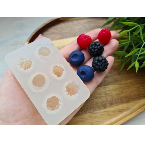 Silicone mold, Berries mix, style 3, raspberry, blackberry, blueberry, 6 elements, ~ Ø 1.7-2.1 cm, H:1.2-1.8 cm