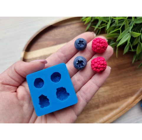 Silicone mold, Berries mix, style 4, raspberry, blueberry, 4 elements, ~ Ø 1.4-1.9 cm, H:0.9-1.1 cm