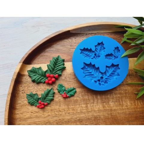 Silicone mold, Mistletoe leaves, 3 elements, ~ 2-4.8 cm, H:0.5-0.8 cm