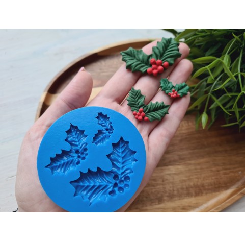 Silicone mold, Mistletoe leaves, 3 elements, ~ 2-4.8 cm, H:0.5-0.8 cm