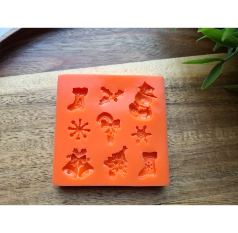 Silicone mold, Christmas set, style 3, 9 elements, ~ 1-2.5 cm, H:0.3-0.5 cm (sock, snowflake, snowman, spruce, bell)