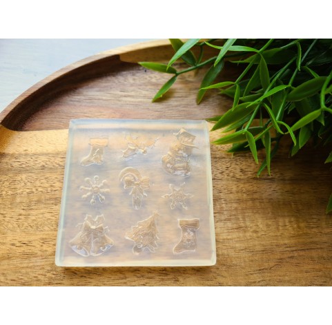 Silicone mold, Christmas set, style 3, 9 elements, ~ 1-2.5 cm, H:0.3-0.5 cm (sock, snowflake, snowman, spruce, bell)