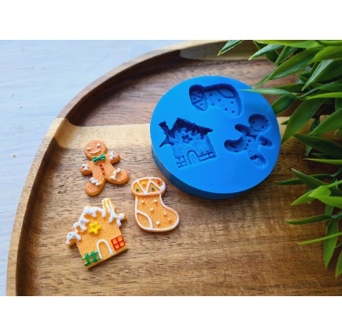 Silicone mold, Christmas set, style 6, 3 elements, ~ 2-2.8 cm, H:0.5 cm (house, Gingerbread man, sock)