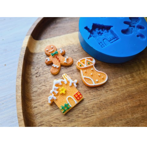 Silicone mold, Christmas set, style 6, 3 elements, ~ 2-2.8 cm, H:0.5 cm (house, Gingerbread man, sock)