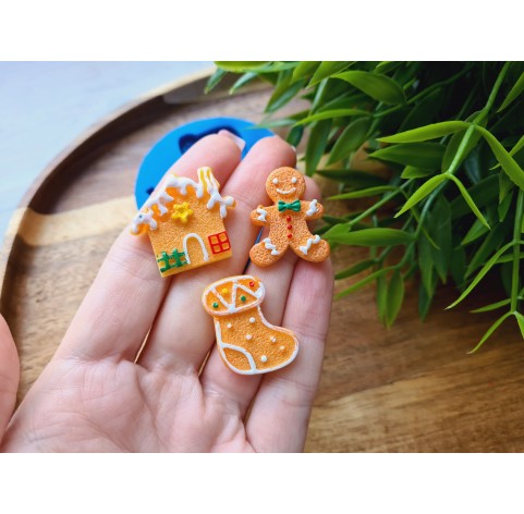 Silicone mold, Christmas set, style 6, 3 elements, ~ 2-2.8 cm, H:0.5 cm (house, Gingerbread man, sock)